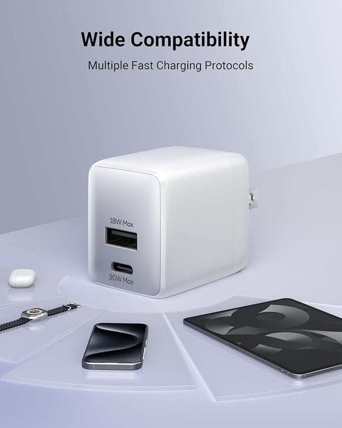 USB C Fast Charging Charger, 30W Dual-Port GaN Nano Charger with Foldable Plug for iPhone 16/15 Series, iPad, Galaxy S24 Ultra and More Series, (White, 2 Pack)
