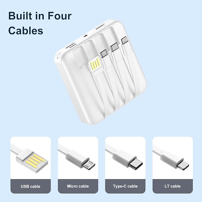 Solar Power Bank 12000mAh,Small Solar Charger Built in 4 Cables,USB C Input/Output,Dual Flashlight External Battery Portable Charger Power Bank for iPhone,Tablet,Samsung