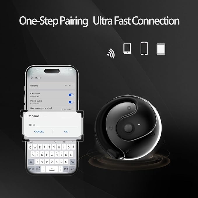 Open Ear Headphones Wireless Bluetooth 5.4, OWS Hanging Earphones Wireless Earbuds with Earhooks and Mic, IPX5 Waterproof, 48H Range, Out of Ear Earbuds for Sports Running Workout Driving(Black)