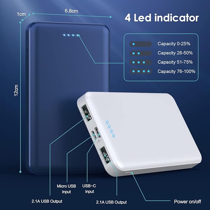 [2 Pack] Portable Charger Power Bank 10000mAh,Ultra Slim Compact External Battery Pack with USB C Input & Output Backup Charger Compatible with iPhone 16/15/14/13, Galaxy S24,Android etc-Blue+White