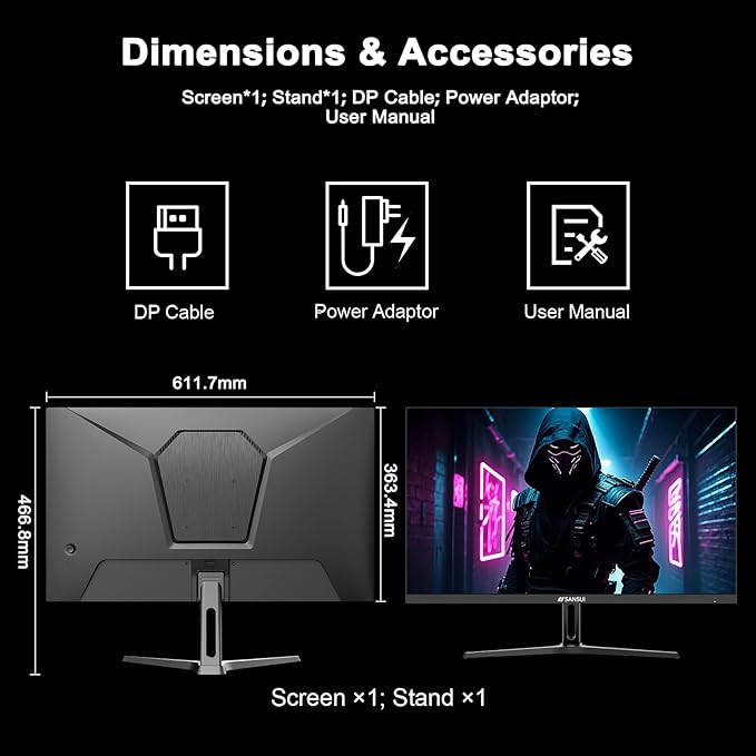 SANSUI 27 Inch WQHD 2560 x 1440 IPS Gaming Monitor, 180Hz 1ms Computer Monitor, DP 1.2 x2 | HDMI 2.0 x2 | VESA Mount, 120% sRGB HDR Eye Care Metal Stand (DP Cable Included)