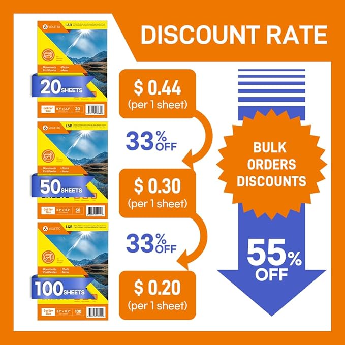 [VIOLETTO] 100 Sheets - Self Adhesive Laminating Sheets for Ultimate Protection. No Machines Needed, 4 Mil Thickness, 8.5 x 11 Inches. Effortless, Durable & Perfect for Documents & Photos.