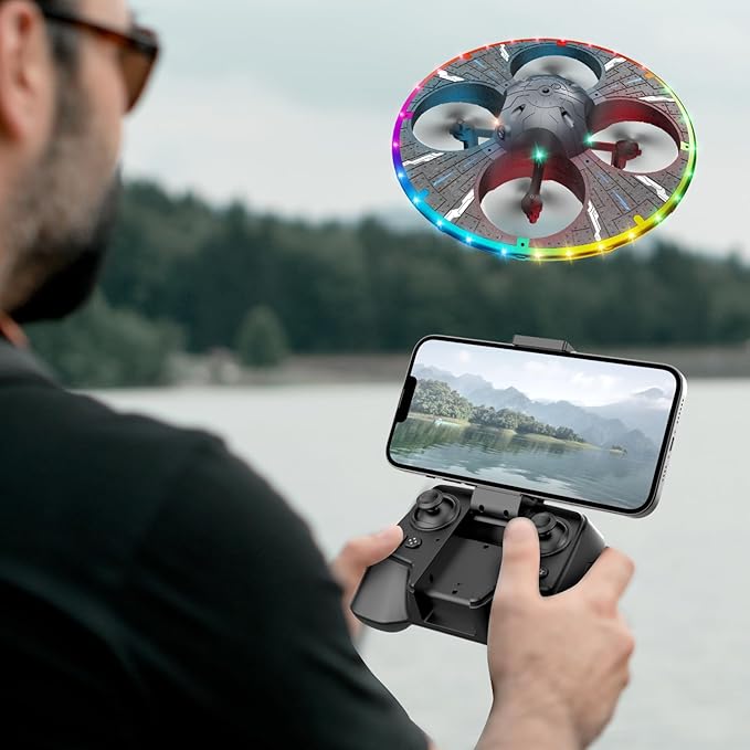 Round Foam RC UFO Drone with Camera, Multi-Color LED Lights (Color Switching), 360° Flips, Speed Adjustment, Remote Control Plane Helicopter, One-Key Takeoff/Landing, Beginner-Friendly FPV Quadcopter Airplane (Silvery)