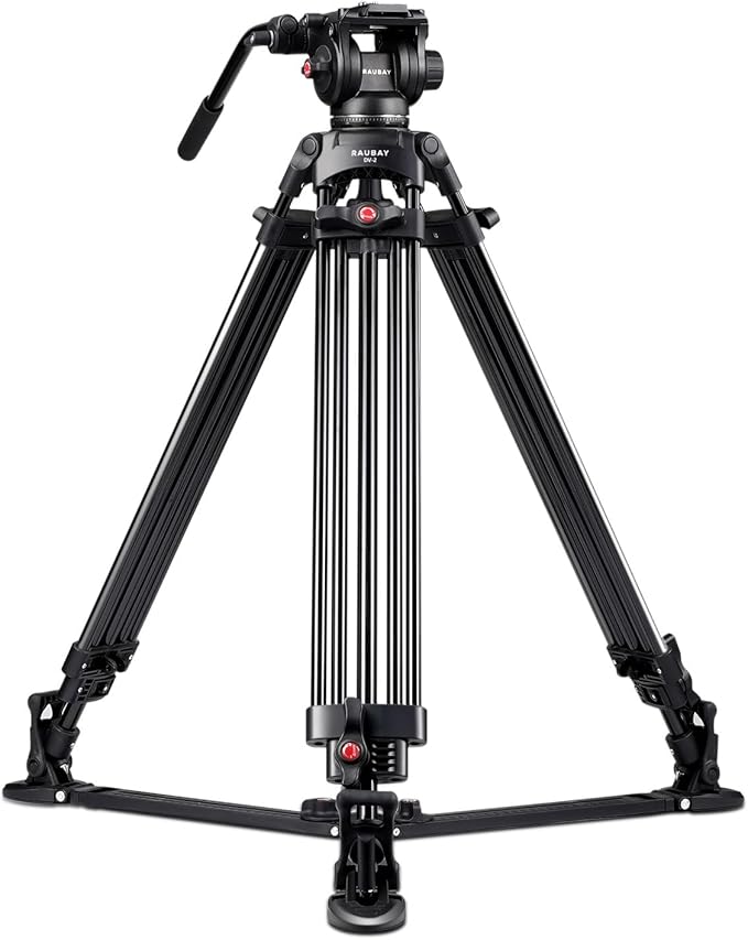 RAUBAY 69" Fluid Head Video Camera Tripod, Heavy Duty Camera Stands for Canon Nikon Sony DSLR, Camcorder, Digital Cine with Ground Spreader, Aluminium Twin Leg, QR Plate, Max Load 17.6lbs (DV-2)