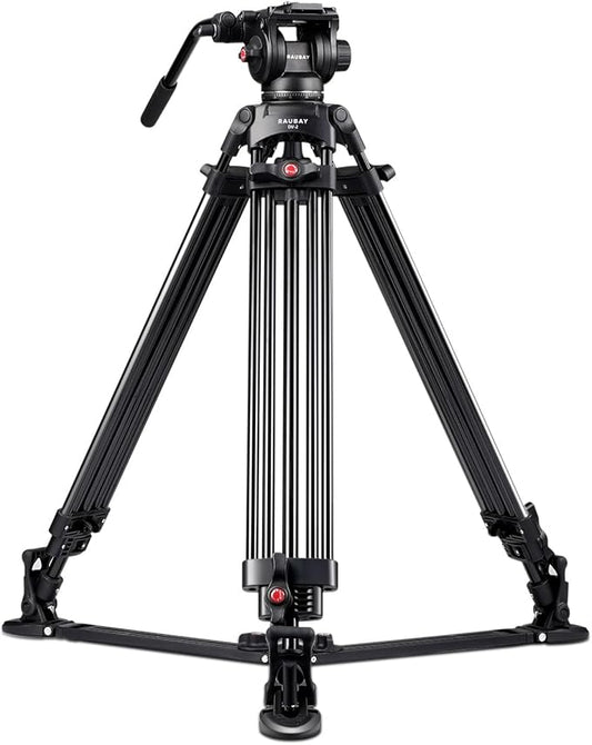 RAUBAY 69" Fluid Head Video Camera Tripod, Heavy Duty Camera Stands for Canon Nikon Sony DSLR, Camcorder, Digital Cine with Ground Spreader, Aluminium Twin Leg, QR Plate, Max Load 17.6lbs (DV-2)