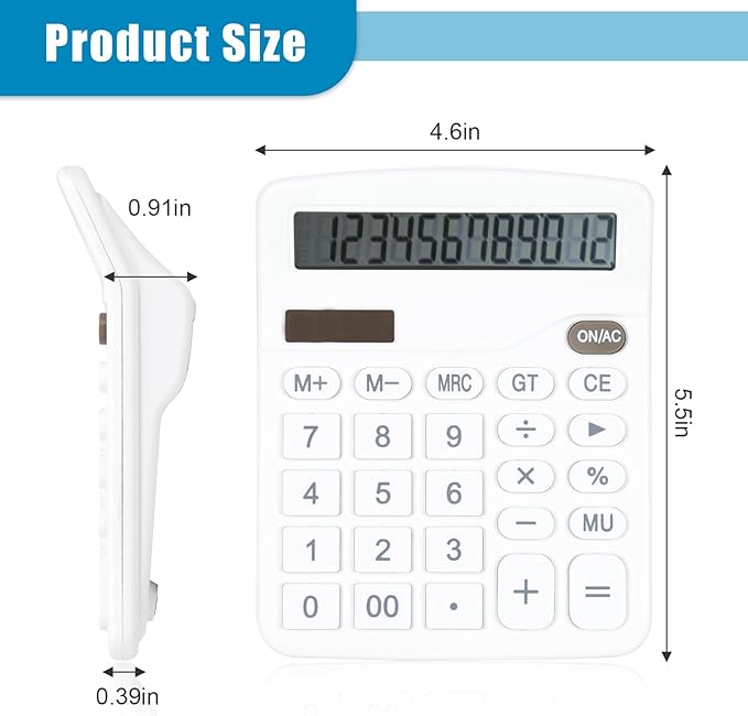 Marte Vanci 12 Digits Calculator with Large LCD Display, Desktop Basic Calculator with Big Buttons, Solar Power and AA Battery, for Office, Home, School(White)