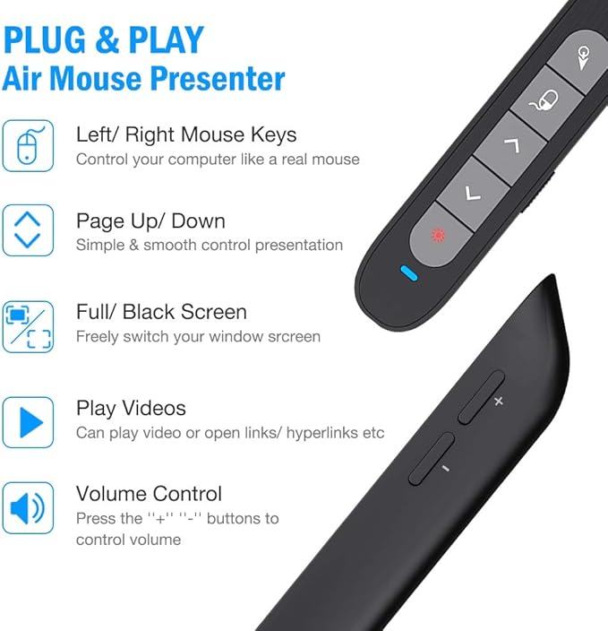 DinoFire Wireless Presenter Remote with Air Mouse, RF 2.4GZ USB Rechargeable Presentation Clicker and Pointer Powerpoint PPT Slide Clicker for Laptop/Computer/MAC