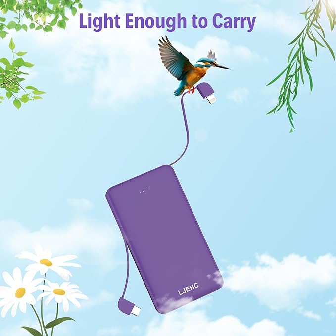 10000mAh Slim Power Bank with Built in Cable,Thin Lightweight Portable Phone Charger,4 Output USB C Travel Essentials External Battery Pack Clutch Charger for iPhone,Samsung,Android,Heated Vest,Purple