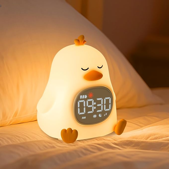 Alarm Clock for Kids with Night Light, Sleep Training Clock Time to Wake Clock, Rechargeable Silicone Light for Bedroom, Perfect Sleep Companion for Boys Girls, Sleepy Duck