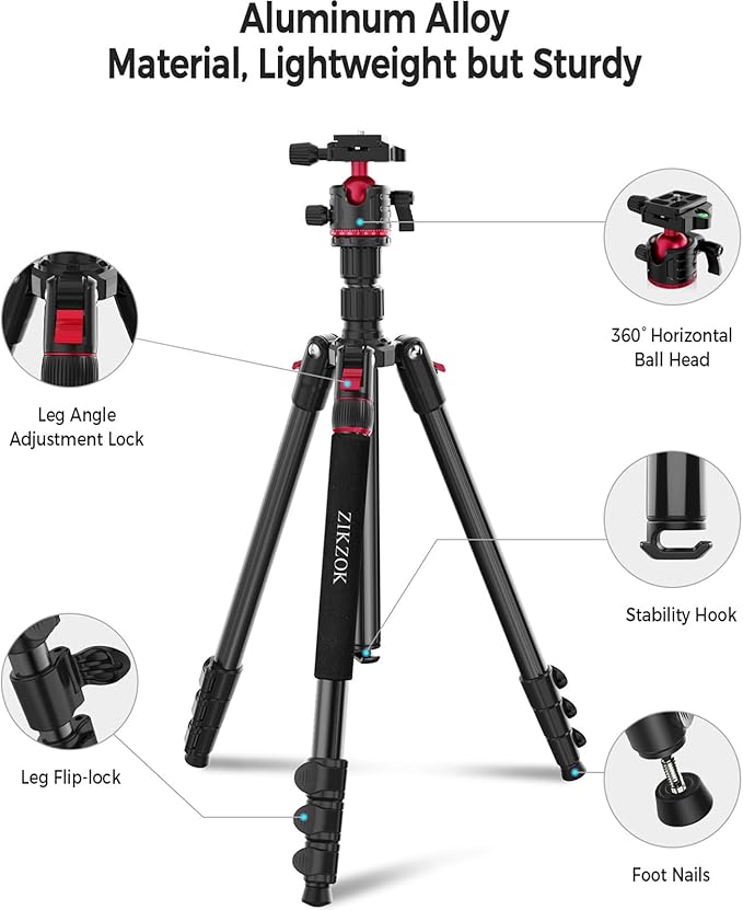70" Tripod for Camera, Professional Aluminum Camera Tripod & Monopod with 360° Ball Head, Adjustable Lightweight Travel Tripod for Phone,DSLR,Tablet with Carry Bag