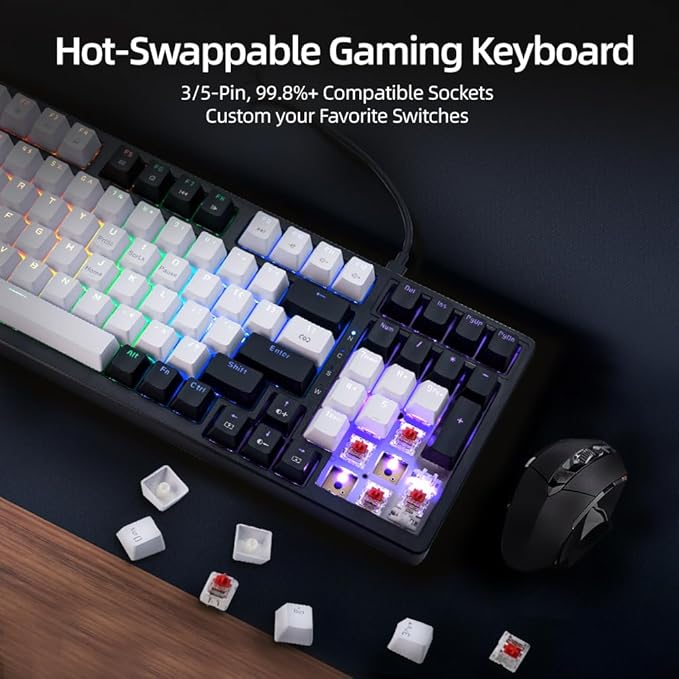WJX Mechanical Gaming RGB Keyboard Wired 98 Full Keynap, RGB Backlit with 19 Modes Computer Clicky Keyboard for PC & Mac, Hot-Swappable Red Tactile Mechanical Switch, USB-C Control PBT Keycaps（White）