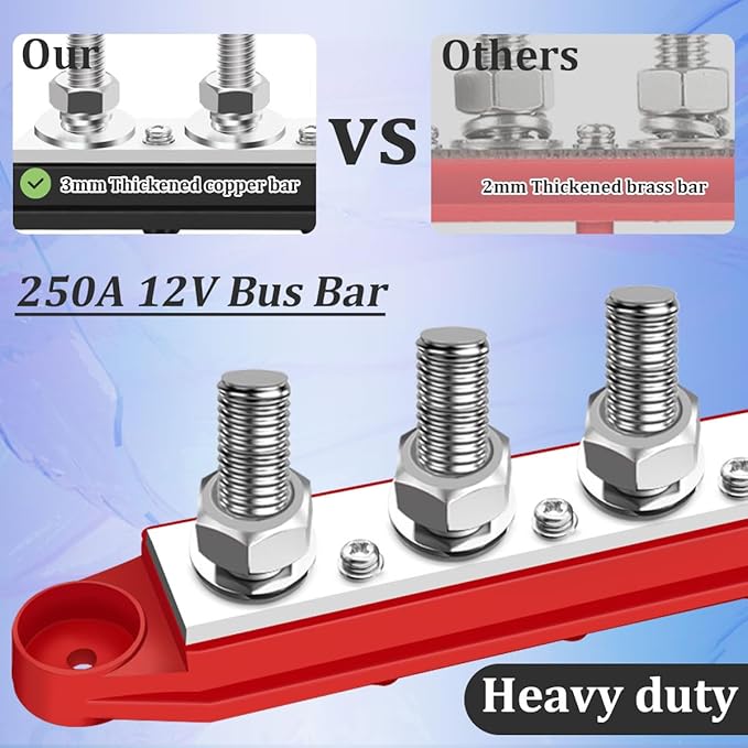 250A 12V Bus Bar Marine Power Distribution Block with Cover with 4 x 3/8”Post 3 x #8 Screws Terminals,Battery Bus Bar (Pair,Red & Black),Automotive Busbars 12 Volt for Car Boat Solar Wiring