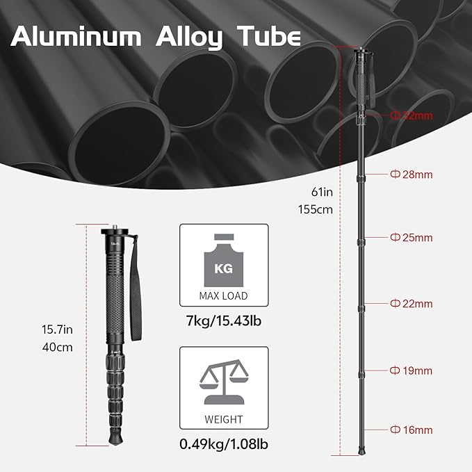 TONYBOO TA-5L 61 inch Camera Monopod,Aluminum Monopod with 6-Section Height,Portable Lightweight,Max Load 16 lbs,Heavy Duty Camera Stand for DSLR Canon Nikon Sony,Easy to Carry