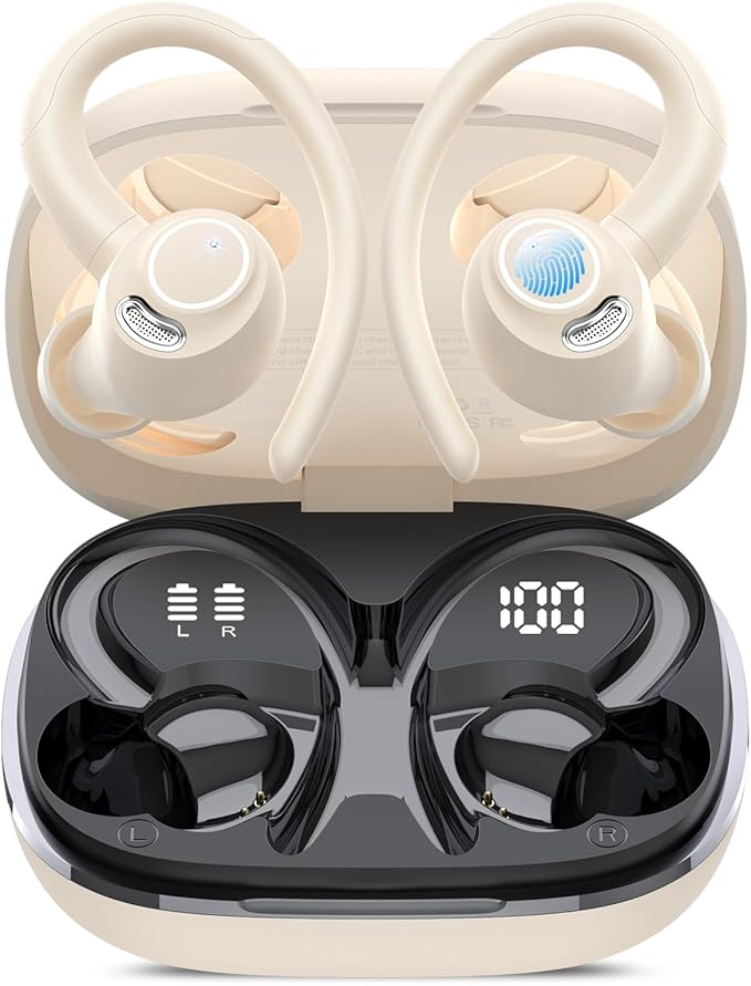 Wireless Earbuds, Bluetooth 5.4 Headphones Sport, Over Ear Buds With ENC Noise Cancelling Mic,48H,Wireless Earphone With Earhooks, Stereo Deep Bass,IP7 Waterproof ear bud for Workout Running,Off White