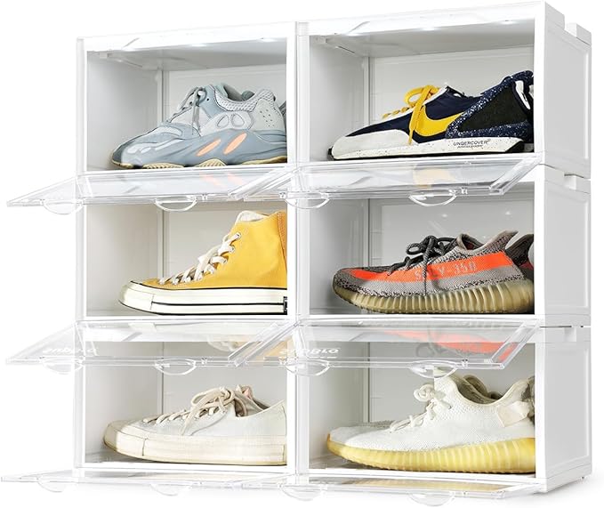 SupBro Led Collection Crate - Voice Control - Easy Access Storage Shoes box, Stackable Shoe Storage with clear plastic door for sneakers - (10.4 x 13.2 x 8.1 inch (6pack), White)