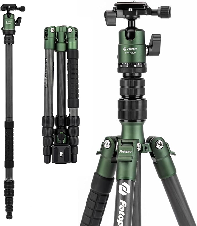 Fotopro 60inch Carbon Fiber Tripod Compact Camera Tripod with Ball Head Quick Release Plate Detachable Monopod Load up to 17.63lbs X-go E 2 Carbon Fiber Green