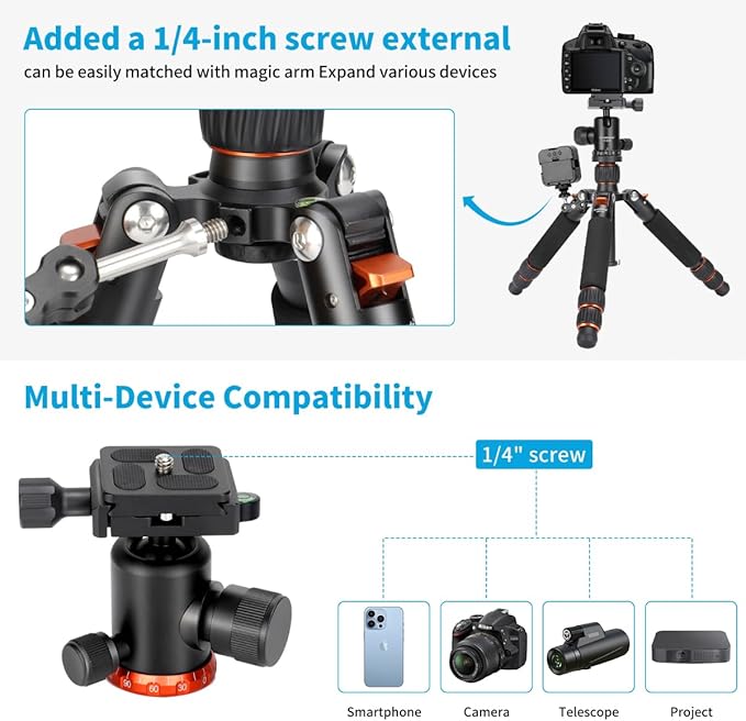 Koolehaoda Mini Desktop Tripod Aluminum Portable Camera Tripod 7"-25" Adjustable Desk Tripod with 360° Ball Head, 1/4" Quick Shoe Plate for DSLR Camera Video Camcorder, Load up to 22lbs /10kg