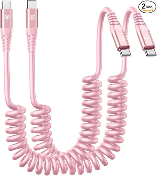 USB C to C Cable 3FT for Car, Coiled USB C Fast Charging Cable for iPhone 17/16/15, 2Pack Type C Cord for iPhone 15/Plus/Pro/Pro Max/Samsung Galaxy S23-Pink