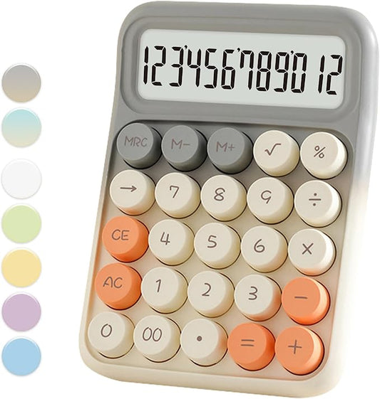 Standard Calculator - Gray White with 12 Digit Display and Big Buttons, Cute Office Calculator