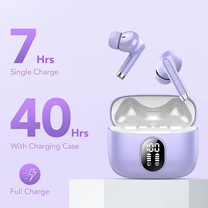 Wireless Earbuds, 2025 New Bluetooth 5.4 Headphones HiFi Stereo with 4 ENC Mic, 40H Mini Ear Buds In-Ear Noise Cancelling Earbuds with Screen, Ultra Light Bluetooth Earphones Purple for Android iOS