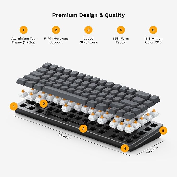 Glorious Gaming GMMK 2 Compact 65% Barebones (Frame Only) - Mechanical Gaming Keyboard Frame, Compact TKL Size (65%), Aluminium, Customisable, Per Key RGB, American QWERTY Layout - Black