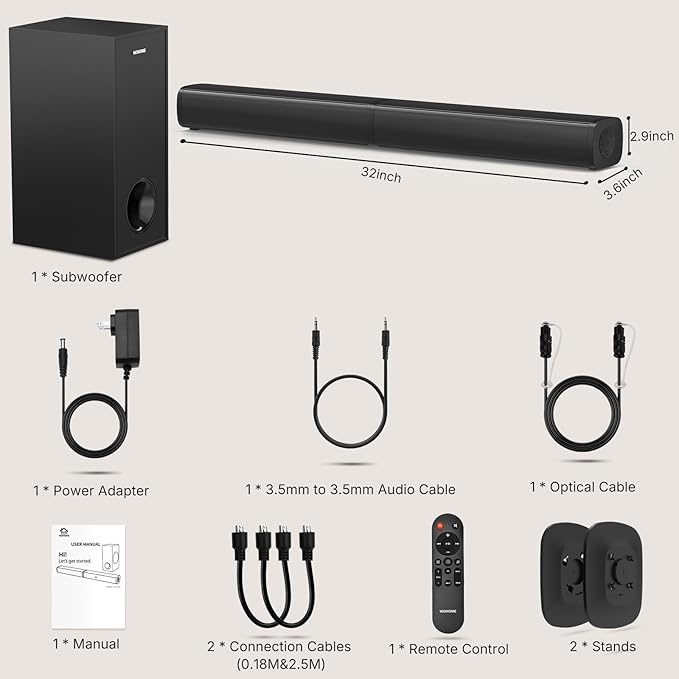 Wohome 2.1 Sound Bar for Smart TV with 5 Inches Wired Subwoofer, 140W, 2 in 1 Detachable Soundbar with RGB-IC Backlight, Bluetooth 5.3, Optical, AUX, USB Input, Bass Adjustable, Remote/Button Control