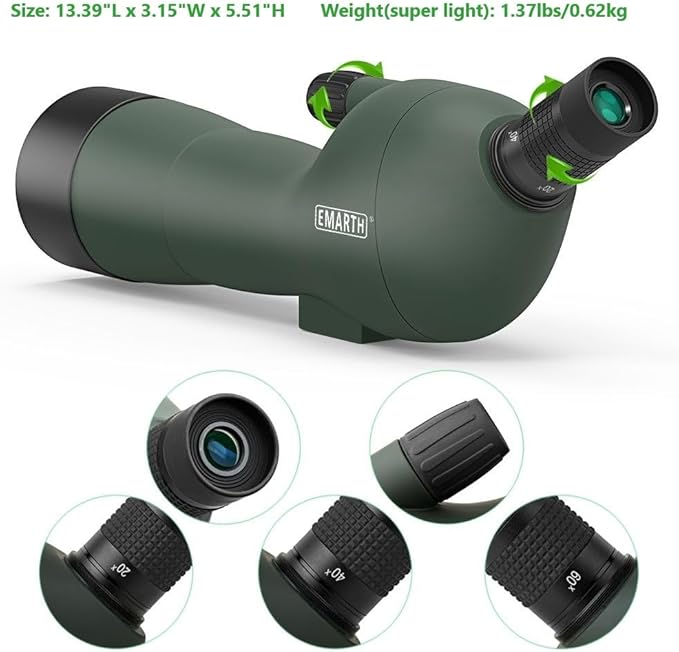 Emarth 20-60x60 45 Angled Spotting Scope for Target Shooting, w/14 Tripod/Phone Adapter/Carry Bag, 1.37lb, Waterproof Fogproof BAK4 Prism HD Spotting Scopes for Hunting Birding as Gift Bulk/Wholesale