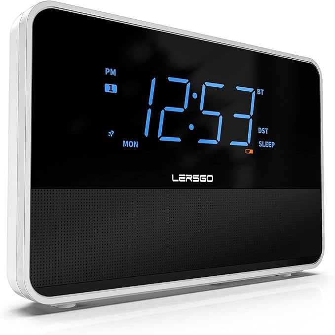 Alarm Clock Radio Bluetooth V5.2 Speaker with HD Sound and Bass,Blue Display with auto Dimmer,Snooze,Sleep Timer,Adjustable Volume,5V1A USB Charging Port