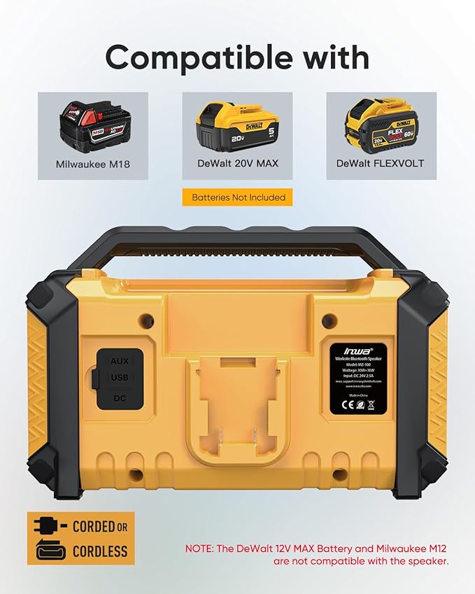 Inwa Jobsite Bluetooth Speakers, 60W Outdoor Portable Wireless Speakers, Compatible with DeWalt & Milwaukee Battery, Loud Boombox w/Bass, RGB Lights & Aux, for Work/Workshop/Garage(Golden)