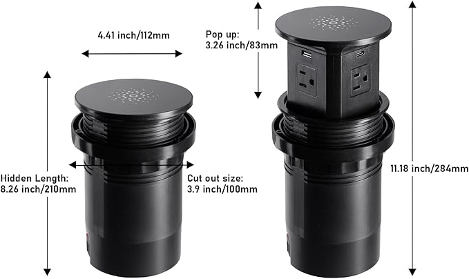 65W Pop up Outlet for countertop 4.4in 4 Outlets 10W Wireless Charger Receptacle Charging Statio Fast Charging 2 USB A 2 USB C for Kitchen Office,6ft Cord(No Retaining Ring) (Black)