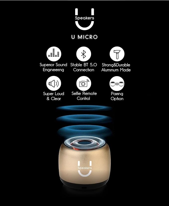 Fashionit U Micro - Small Bluetooth Speaker | Coin-Sized Speakers Bluetooth Wireless with Built-in Mic & Remote Shutter | Portable Rich Sound for Travel, Shower, Beach | Mirror Gold