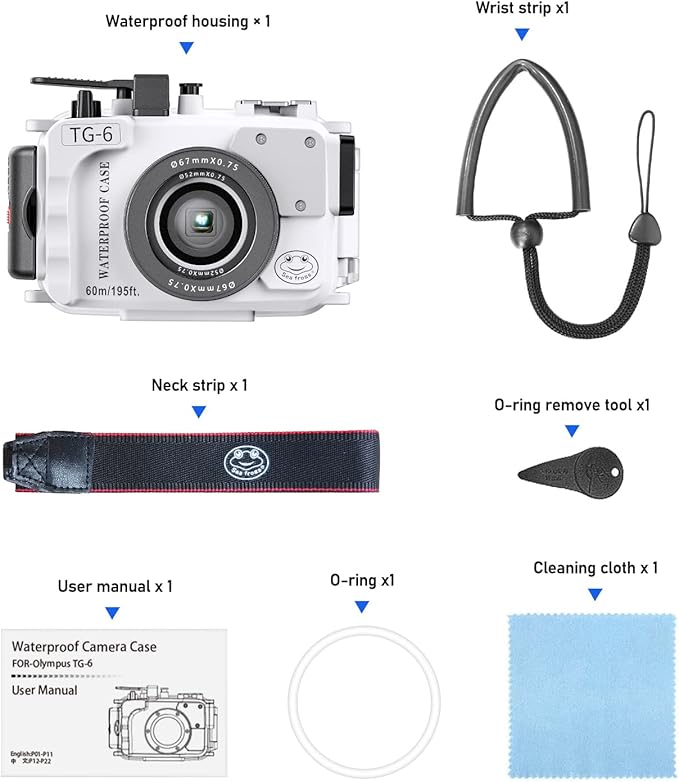 Seafrogs 60m/195ft Underwater Camera Housing for Olympus TG-6 – Waterproof Case with 52mm & 67mm Thread, Dual Fiber Optic Ports, Leak Detection, Stainless Steel Mounting Plate (TG-6-white)