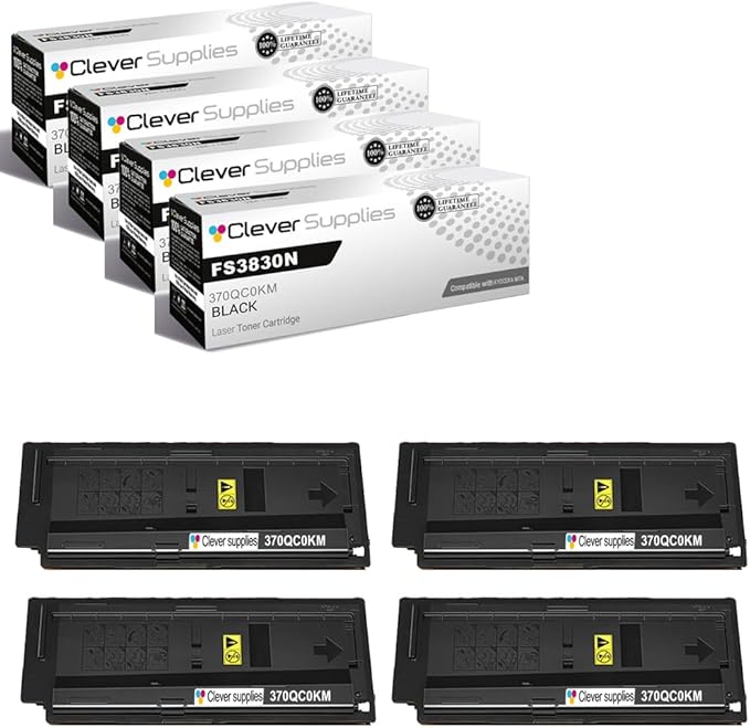 Clever Supplies CS Replacement Compatible with Kyocera FS3830N Toner Cartridge 370QC0KM 370QD0KM to use with FS1920 FS3820 FS3820N (Black, 4-Pack)