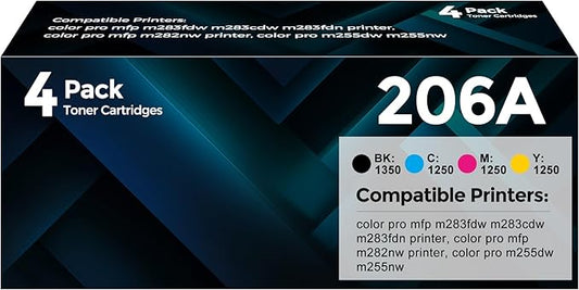 206A Toner Cartridges 4 Pack (with Chip) High Yield Compatible with HP 206A HP206A W2110A 206X W2110X Toner Cartridges Set for Color Pro MFP M283fdw M283fdn M283cdw M282nw M255dw M255nw Printer Toner