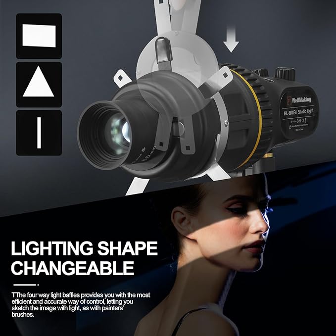 WELLMAKING Optical Snoot Conical Spotlight Attachment Kit, Adjustable Focus,with 80W Bi-Color COB LED Continuou Output Lighting, 9×Gobos, GOBO Holder and Geometry Effect Modifier for Studio and Video