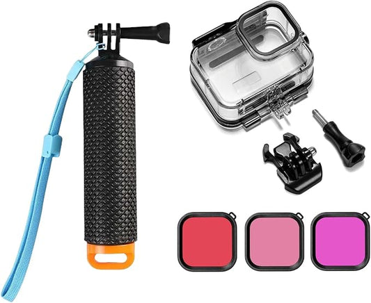 Waterproof Housing Case with 3Pack Filters for Go Pro Hero 13/12/11/10 9 Black,Protective Underwater Dive Shell Floating Stick Action Dive Accessory (Hero 13/12/11/10/9 Black Accesories)