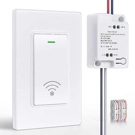 Wireless Light Switch and Receiver Kit(1v1), Self-Powered (No Battery Required) Remote Control Lighting Switch, No WiFi Needed, for Indoor Outdoor Light Fixtures