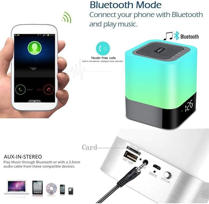 Aisuo Night Light-5 in 1 Bedside Lamp with Bluetooth Speaker, 12/24H Digital Calendar Alarm Clock, Touch Control, Support TF and SD Card, Music Player, Gift for Girls Boys Teens,Warm White