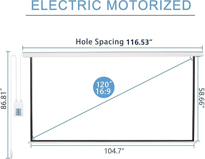 Kayle 120" Motorized Projector Screen Electric Diagonal Automatic Projection 16:9 HD Movies Screen for Home Theater Presentation Education Outdoor Indoor W/Wireless Remote, Wall/Ceiling Mount (Black)