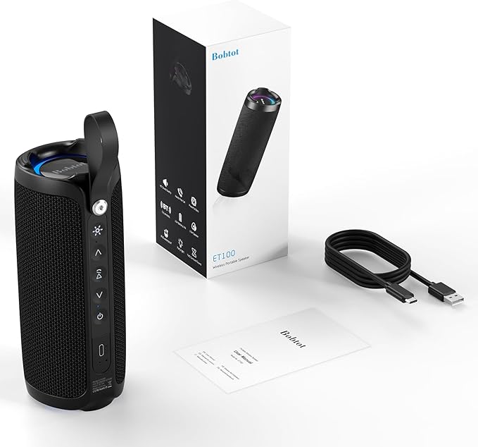 Bobtot Portable Bluetooth Speaker, IPX6 Waterproof Speaker with Punchy Bass, 15W Loud Sound, RGB, 15H Playtime, Dual Pairing for Party, Camping, Beach, Black