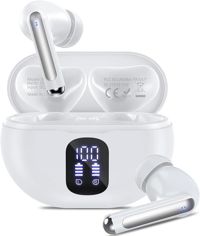 Bluetooth Headphones True Wireless Earbuds 42H Playback LED Power Display Earphones with Charging Case IPX7 Waterproof in-Ear Ear Buds with Mic for Sports, White