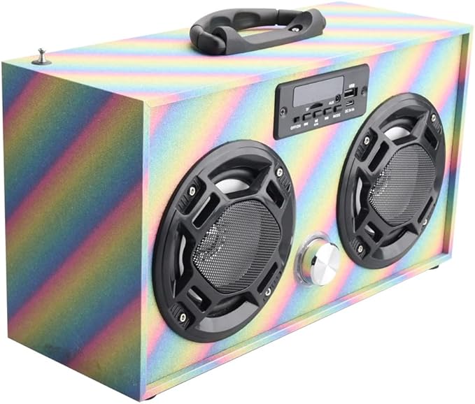 Mini Boombox with LED Speakers – Retro Bluetooth Speaker w/Enhanced FM Radio - Perfect for Home and Outdoor (Glitter Rainbow)
