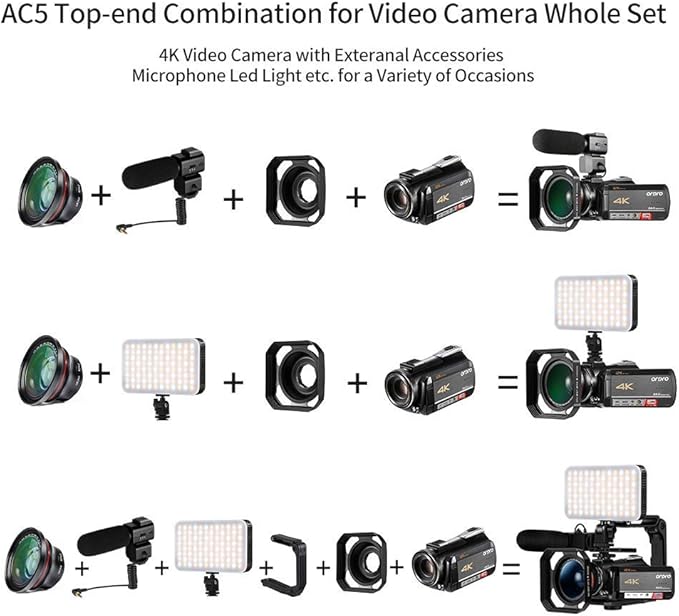 ORDRO AC5 Plus 4K Video Camera Camcorder, UHD Professional Camcorder 4K with 12x Optical Zoom, YouTube Video Camera for Filming with Mic, Video Light, Wide Angle Lens 64G Card and 2 Batteries
