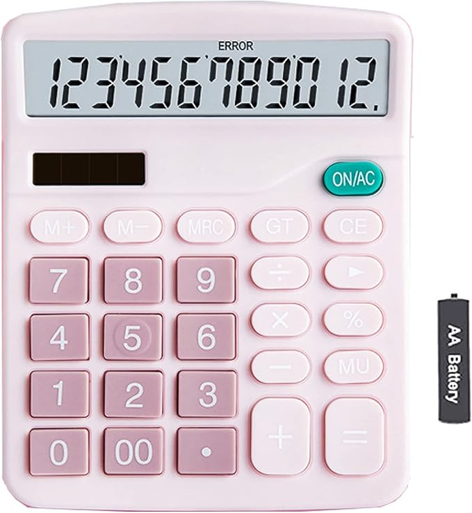 YOUHO Pink Office Desk Calculator, 12-bit Solar Battery Dual Power Standard Function Electronic Calculator with Large LCD Display (1PACK，Pink)
