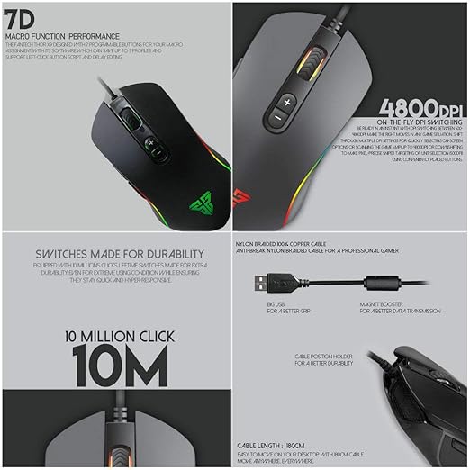 FANTECH Basic Wired Gaming Mouse X9, RGB 7 Macro Buttons Programmable True 4800 DPI Claw Grip Comfort Beginner Gaming Mouse for Window PC, Black