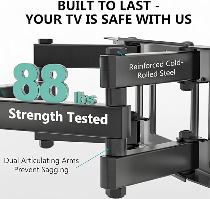 WALI Full Motion TV Wall Mount for 32–70 Inch TVs – Heavy Duty Dual Articulating Mount with Swivel, Tilt & Extension | VESA up to 400x400mm | Fits 12/16" Wood Studs | Holds Up to 88 lbs