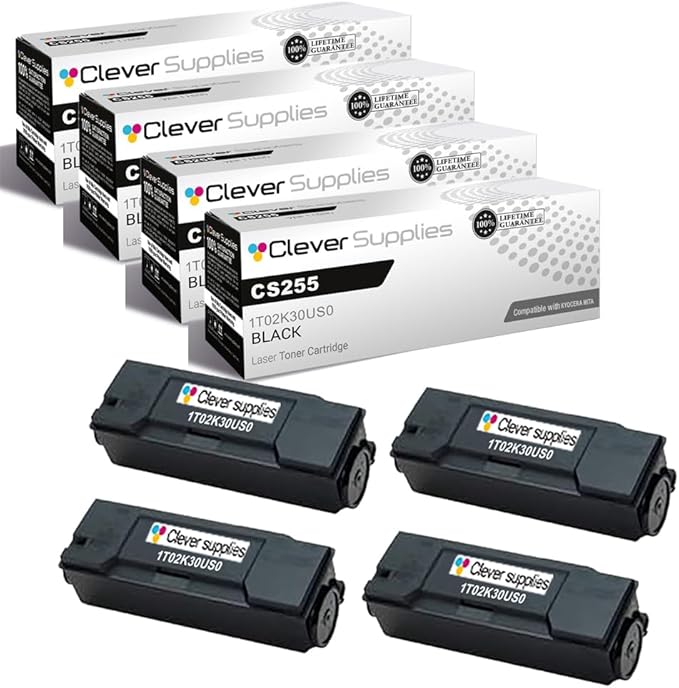Clever Supplies CS Replacement Compatible with Kyocera CS255 Toner Cartridge 1T02K30US0 to use with CS255 CS305 (Black, 4-Pack)