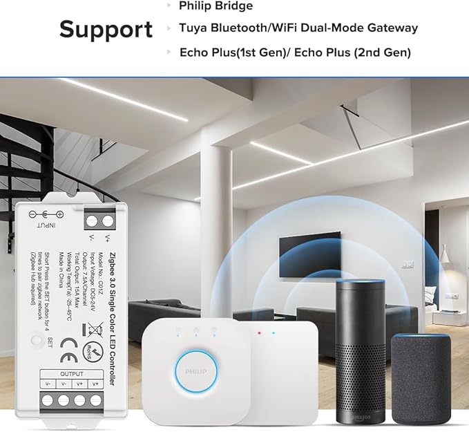BTF-LIGHTING Tuya Zigbee 3.0 C01Z Controller Support Single Color 2 pin (-V +V) PWM LED Strip Bulb Compatible with Echo Plus/4th Gen Tuya Gateway DC5V/DC12V/DC24V Max 15A