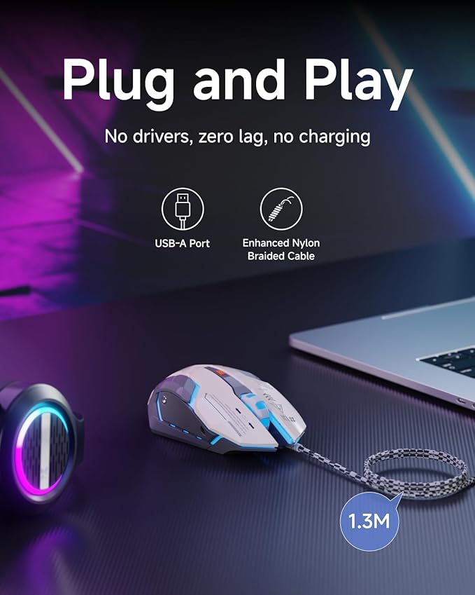 EWEADN G10 Wired Gaming Mouse, Computer Mouse with RGB Backlit, 3200 DPI Adjustable, Quiet Clicks, Ergonomic Mouses with 6 Buttons and 4.2FT Cord, USB Wired Mouse for PC/Win/Laptop, Gray-White