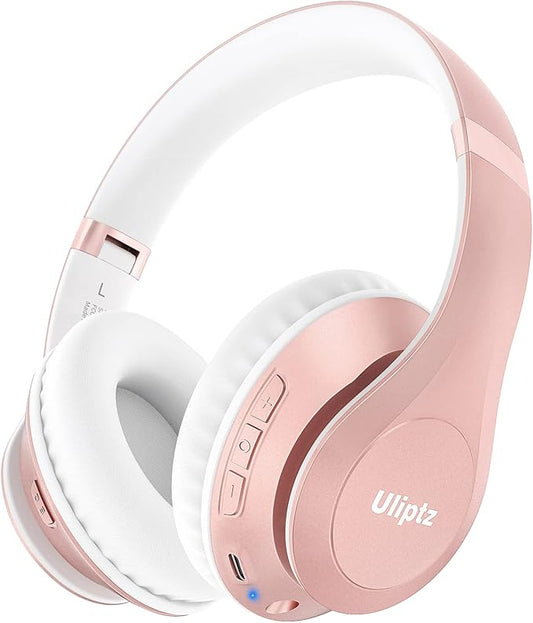 Uliptz Wireless Bluetooth Headphones, 65H Playtime, 6EQ Sound Modes, HiFi Stereo Over Ear Headphones with Microphone, Foldable Bluetooth 5.3 Headphone for Travel/Office/Cellphone/PC (Rose Gold)